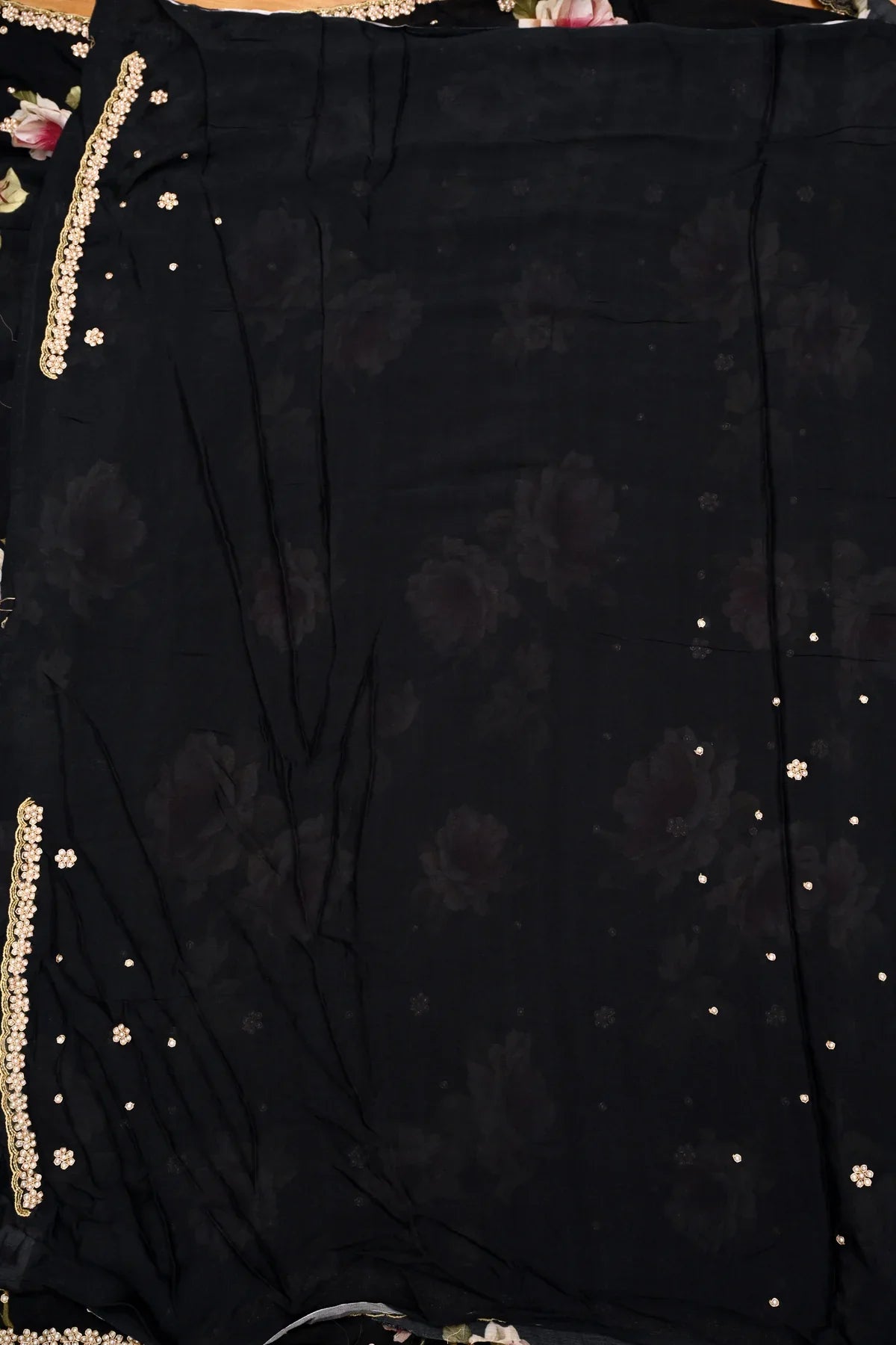 Pure Chiffon Flower Print Black Saree-Blouse