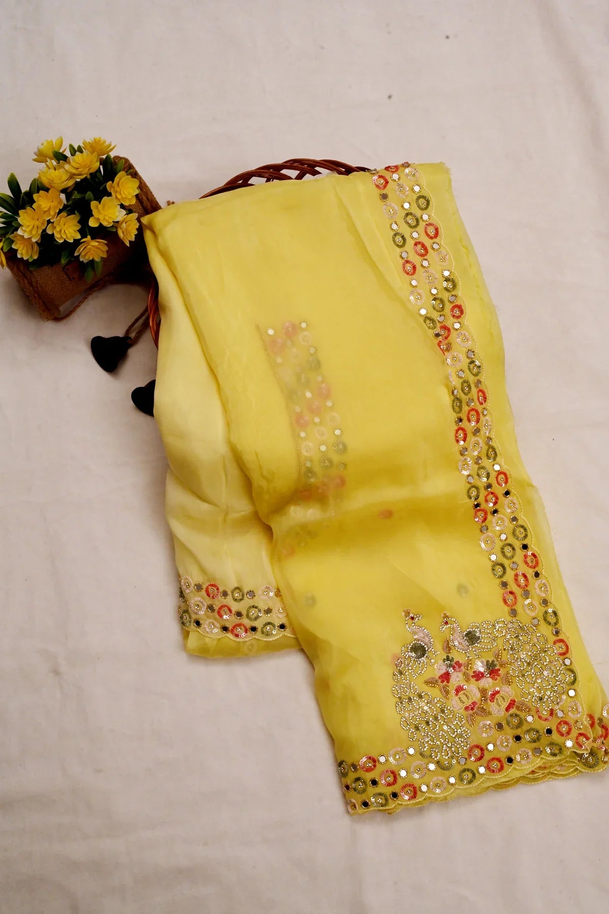 Satin Organza Mirror Work Saree