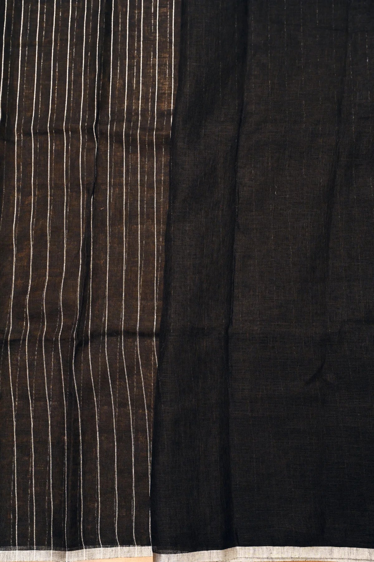 Linen Cotton Silver Stripe Black Saree-Blouse