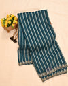 Organza Antique Gold Stripe Cyan Blue Saree-Main Page