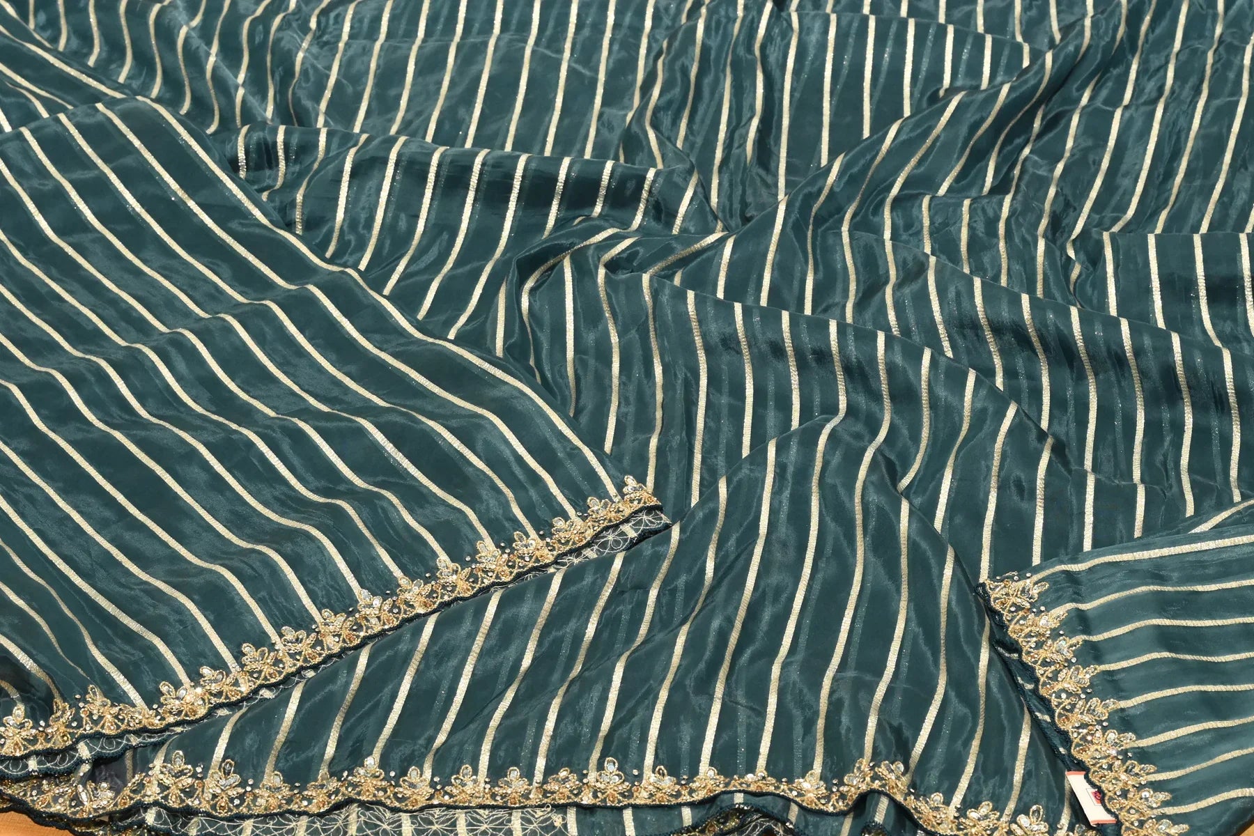 Organza Antique Gold Stripe Cyan Blue Saree - Saree and Pallu