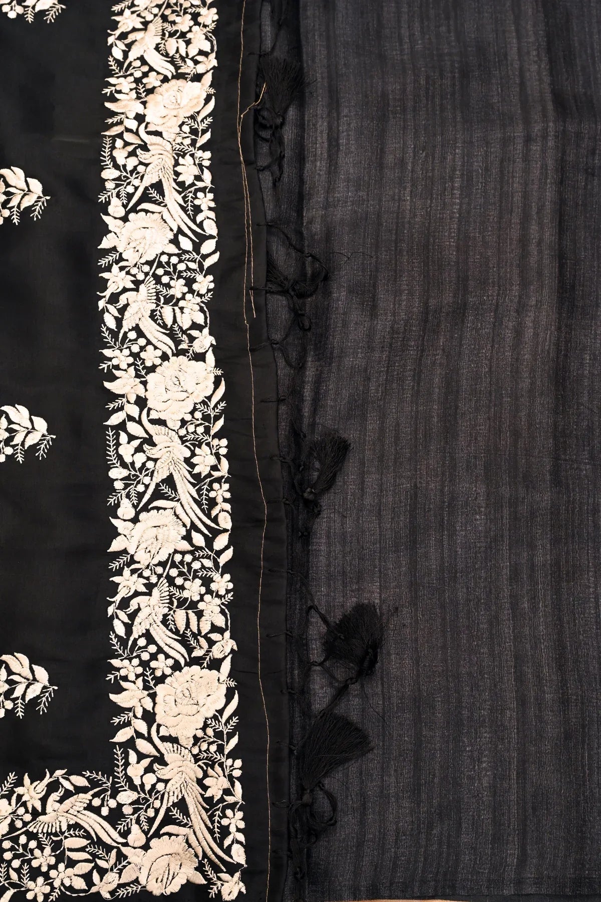 Satin Tussar Floral Print Black Saree-Blouse