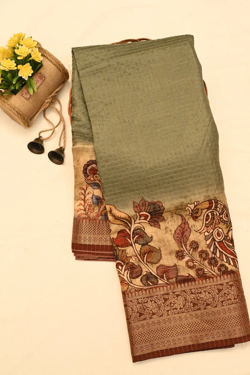 Abudhai Crepe Checks Light Green Saree-Main page