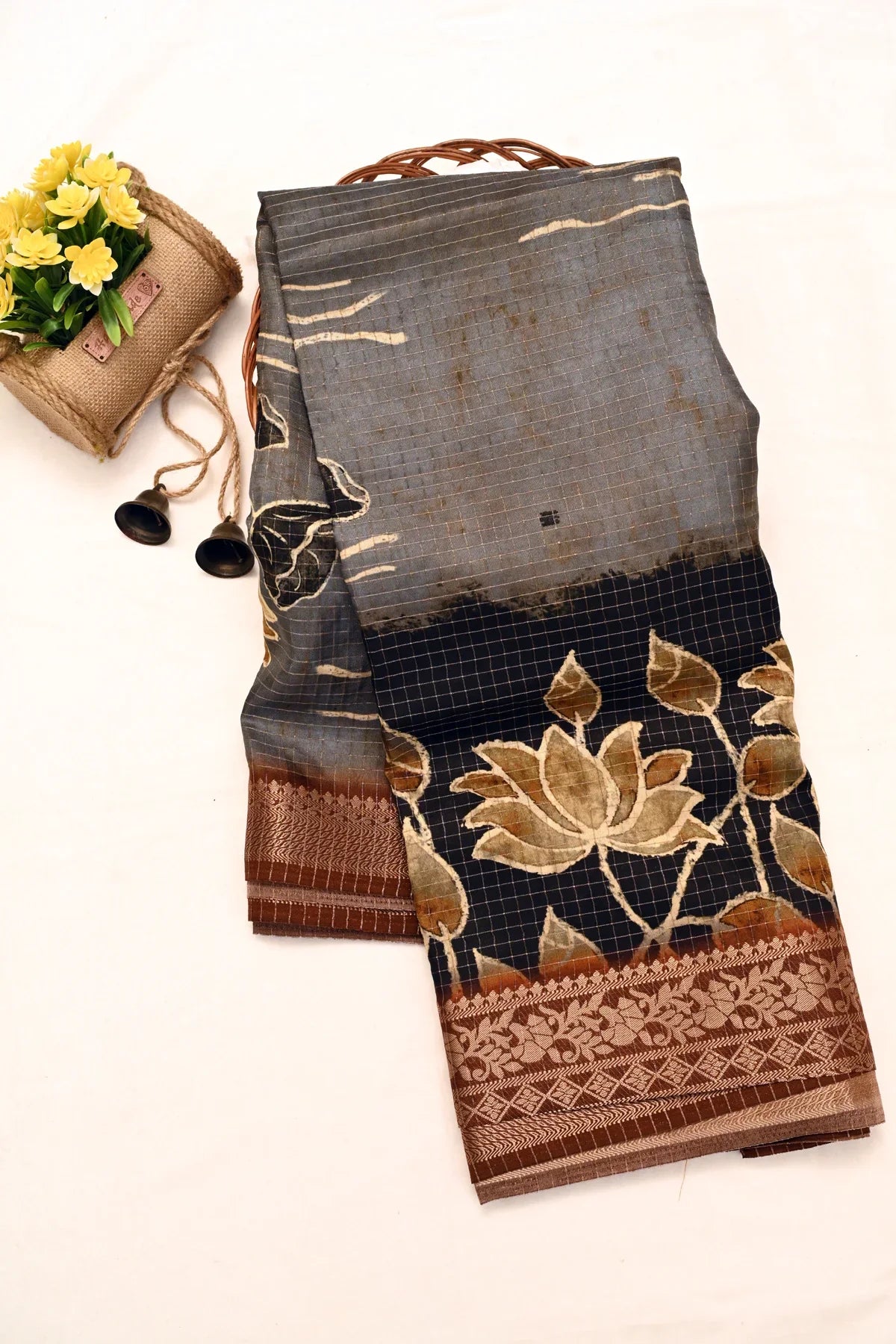 Abudhai Crepe Lotus Print Clay Ash Saree-Mainpage