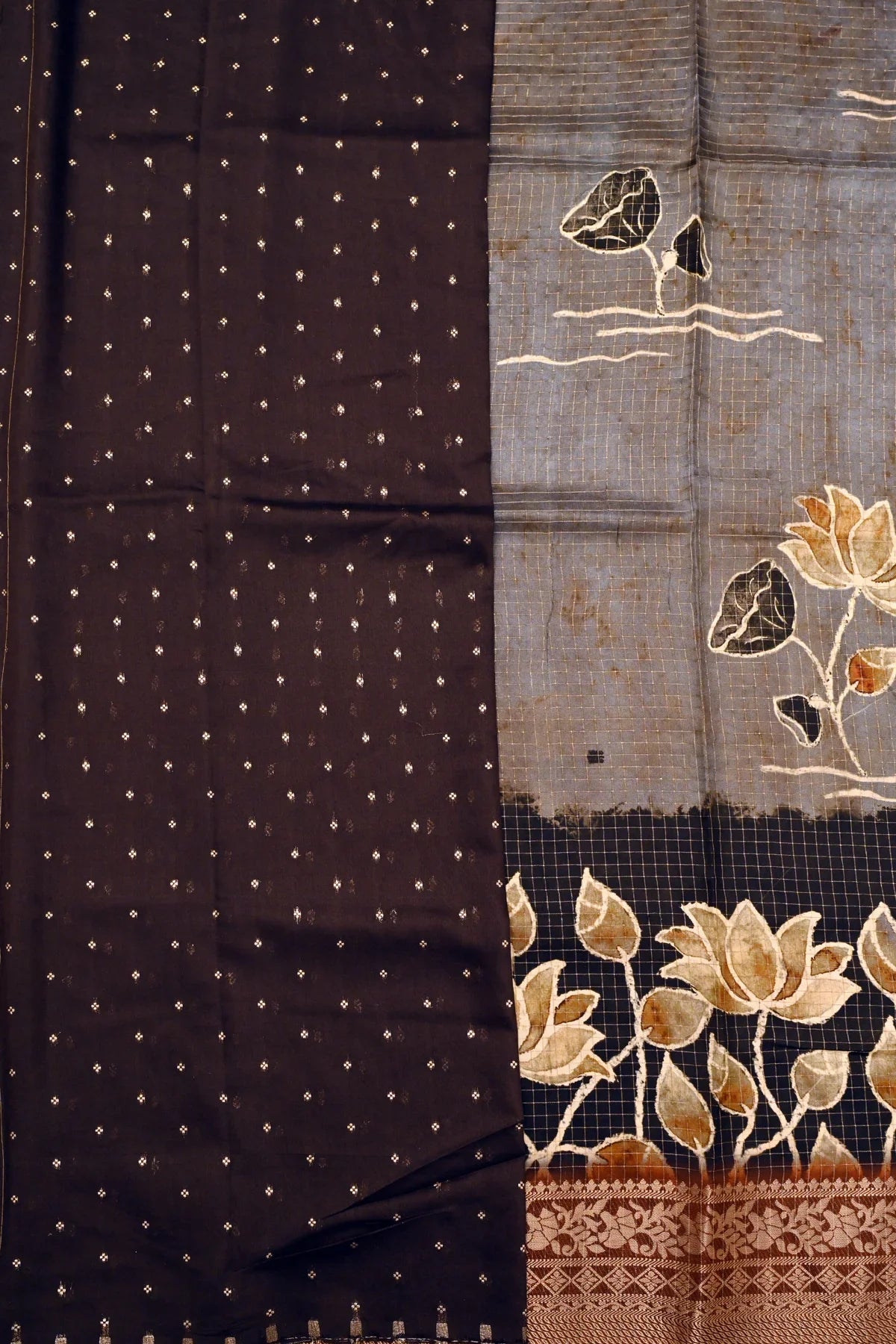 Abudhai Crepe Lotus Print Clay Ash Saree-Blouse