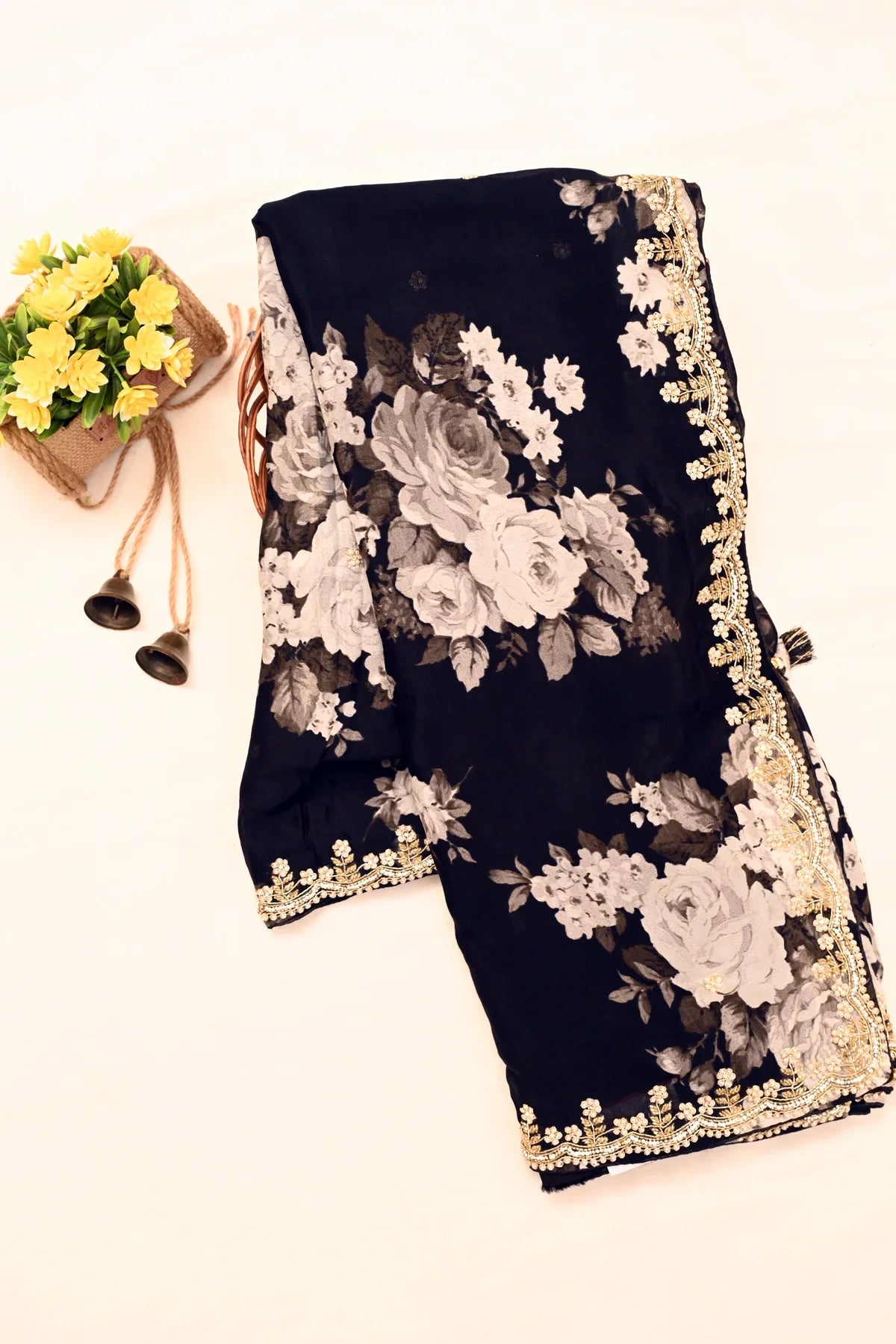 Pure Chiffon Floral Print Black Saree-Main Image