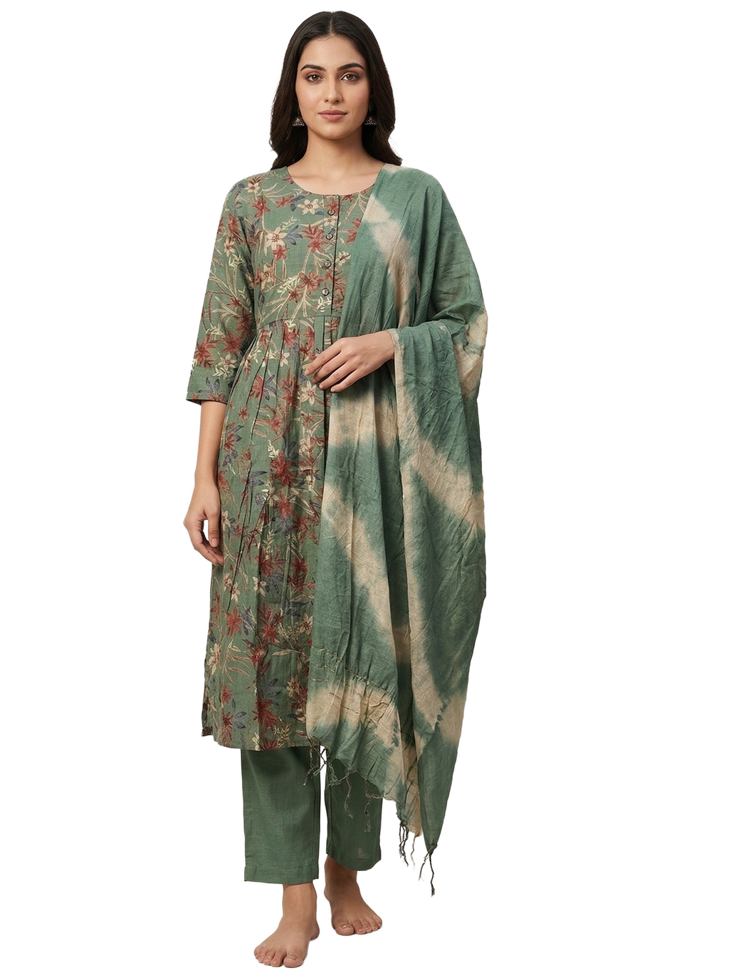 Sage green Floral 3 Piece Kurti Set