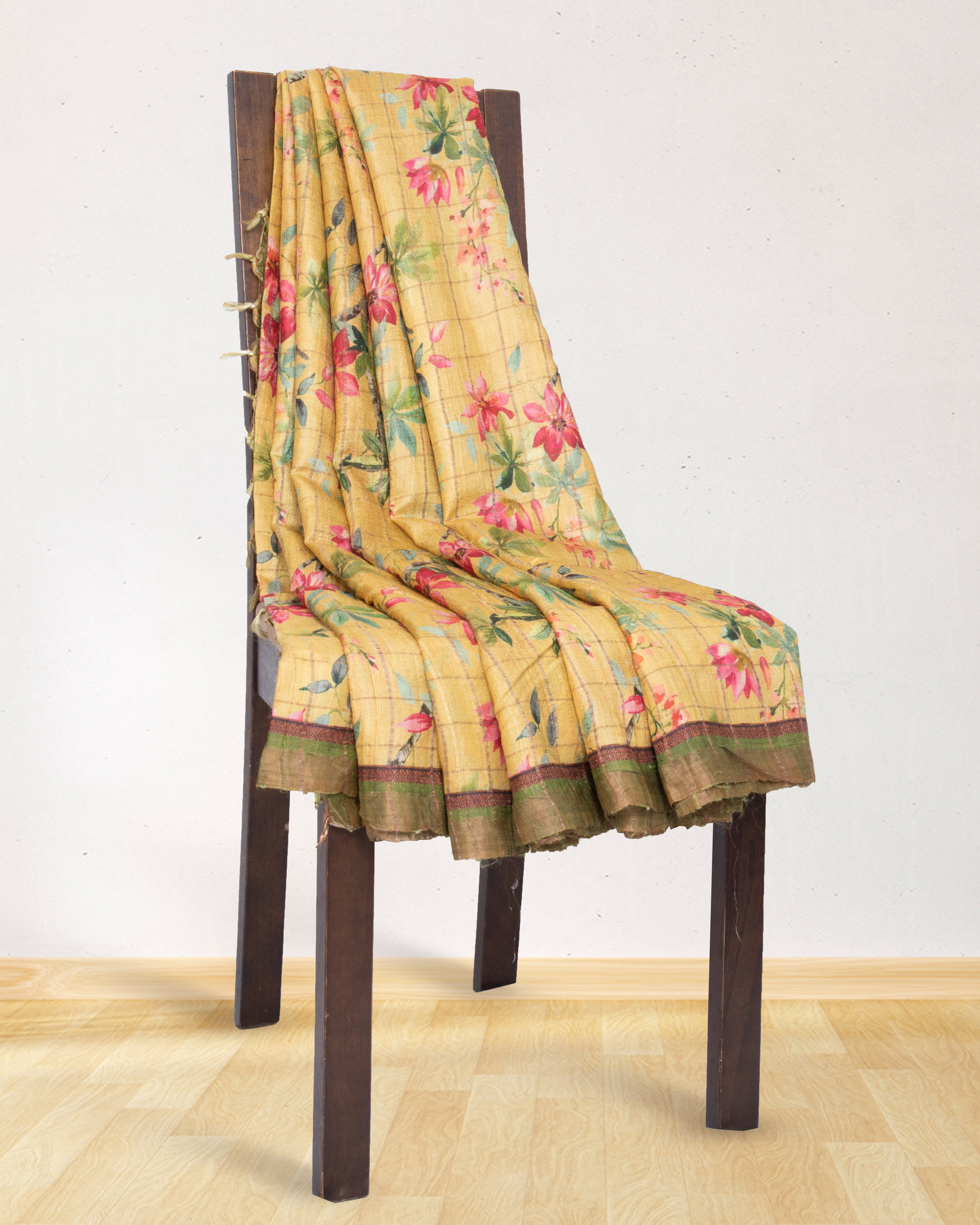 Tussar-Yellow-Floral-Print-Saree