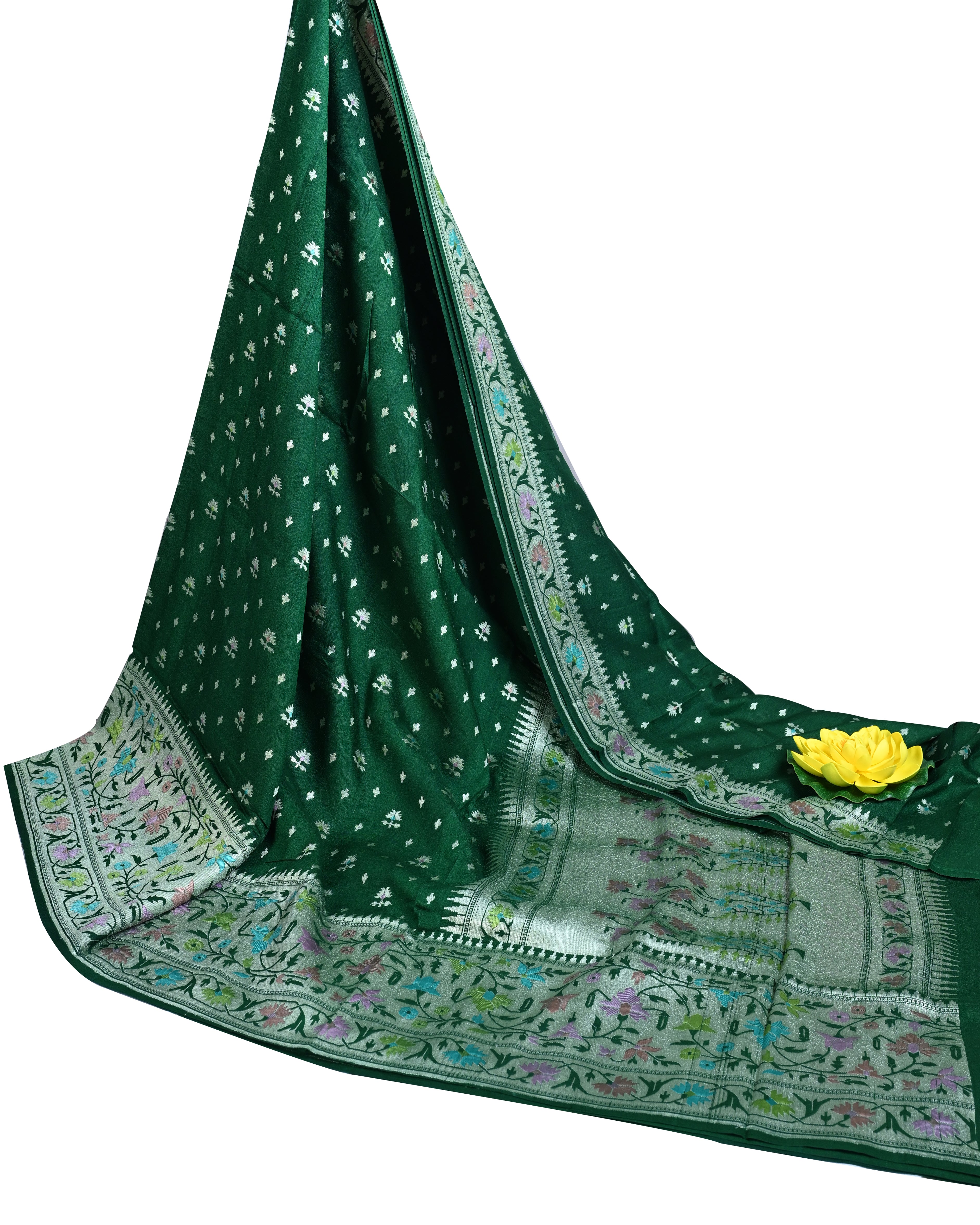 Tussar Crepe Bottle Green Paithani Saree