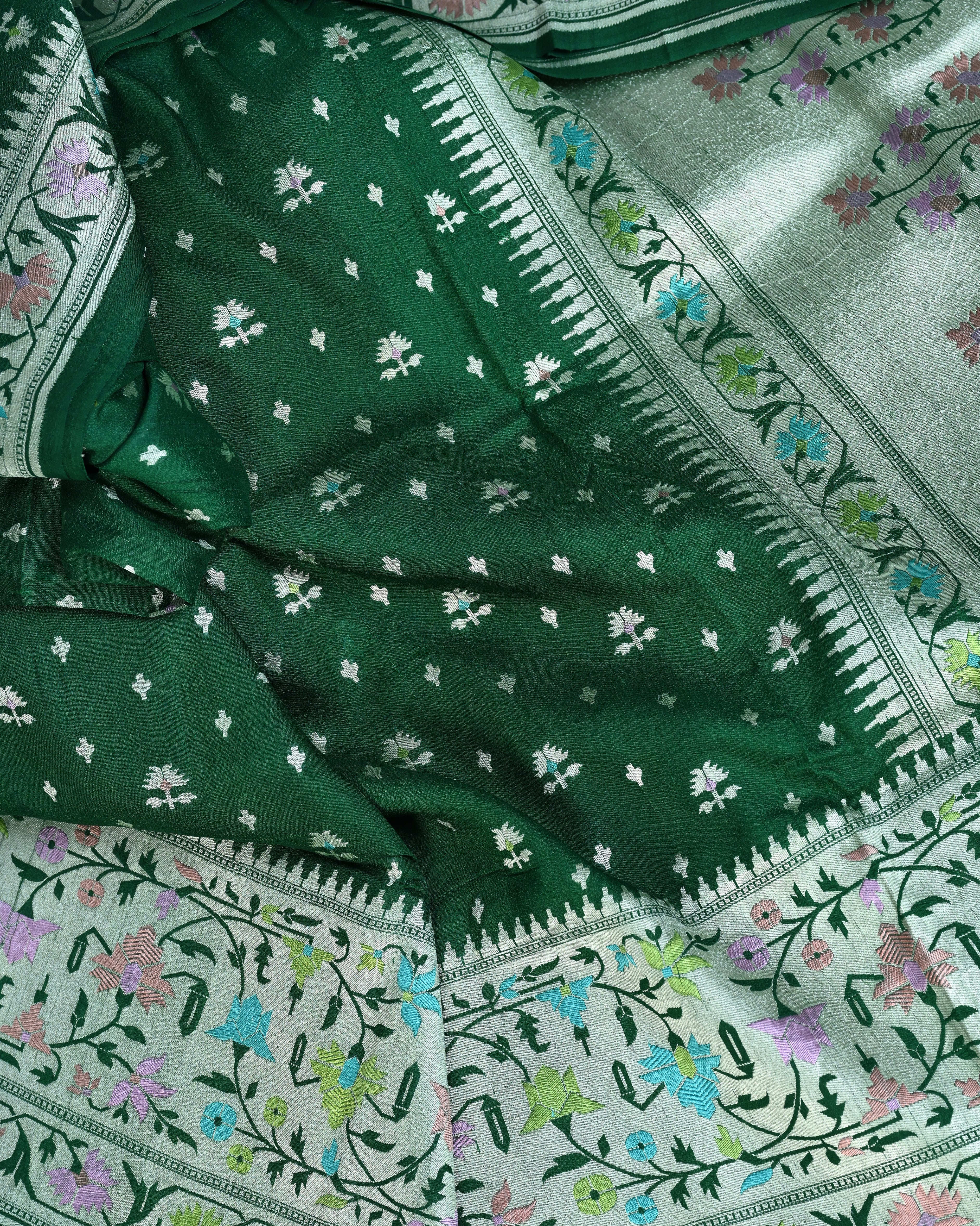 Tussar Crepe Bottle Green Paithani Saree