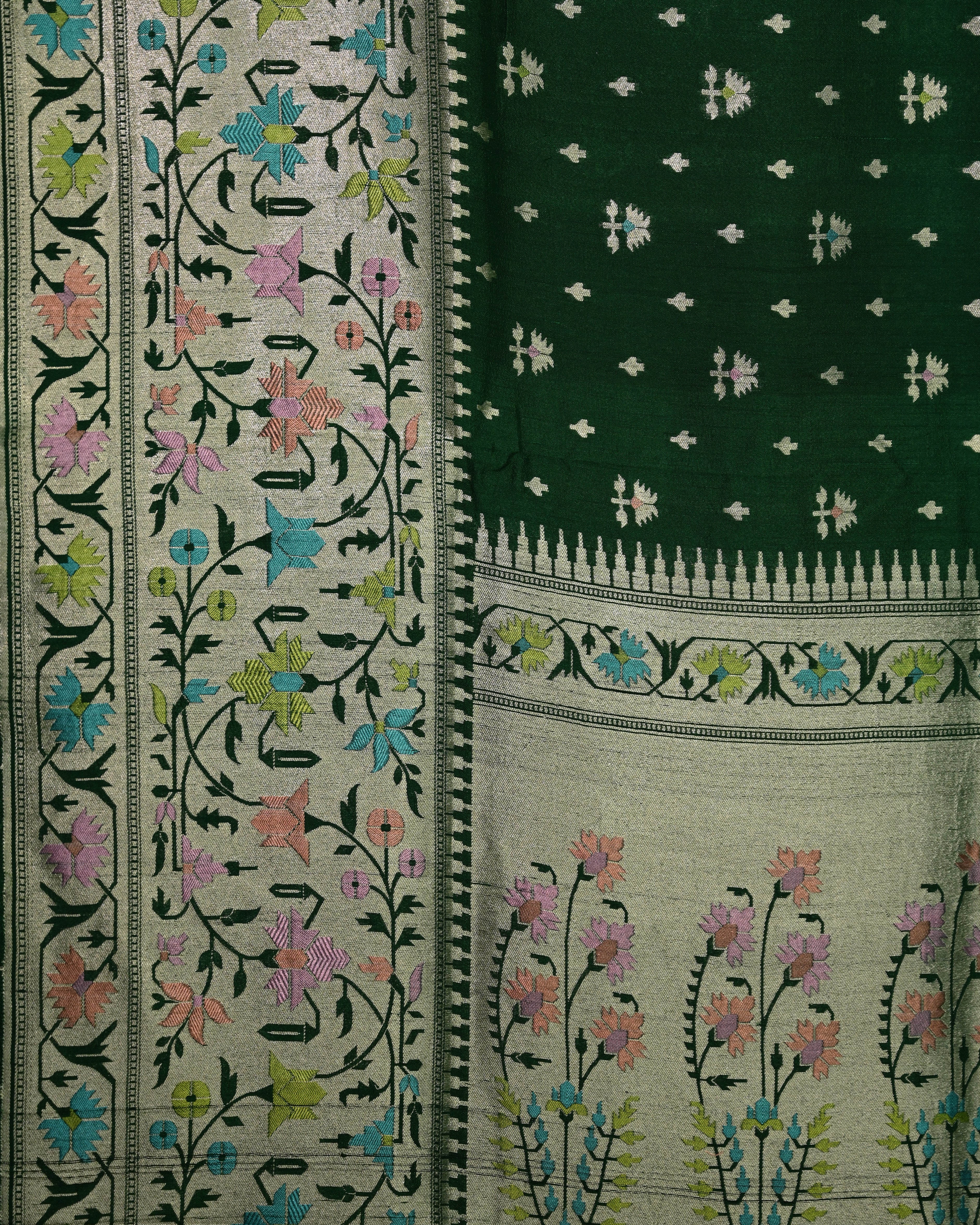 Tussar Crepe Bottle Green Paithani Saree