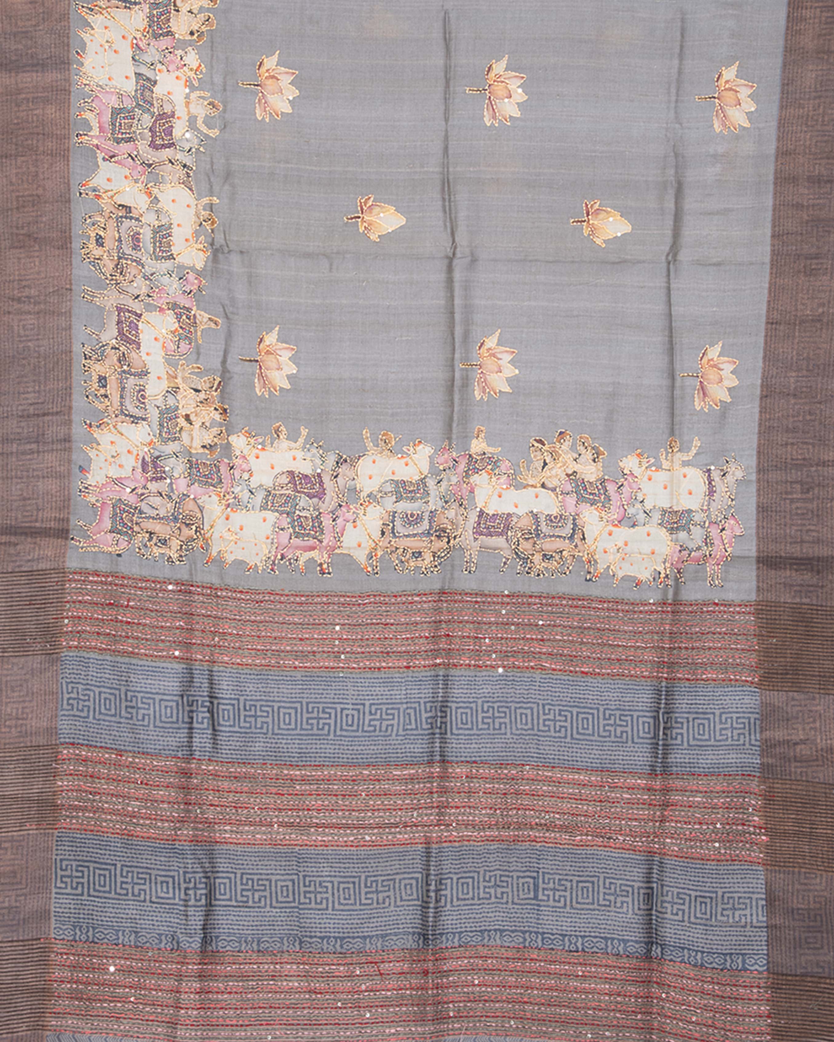 Tussar Embroidery and Pichiwai Grey Saree