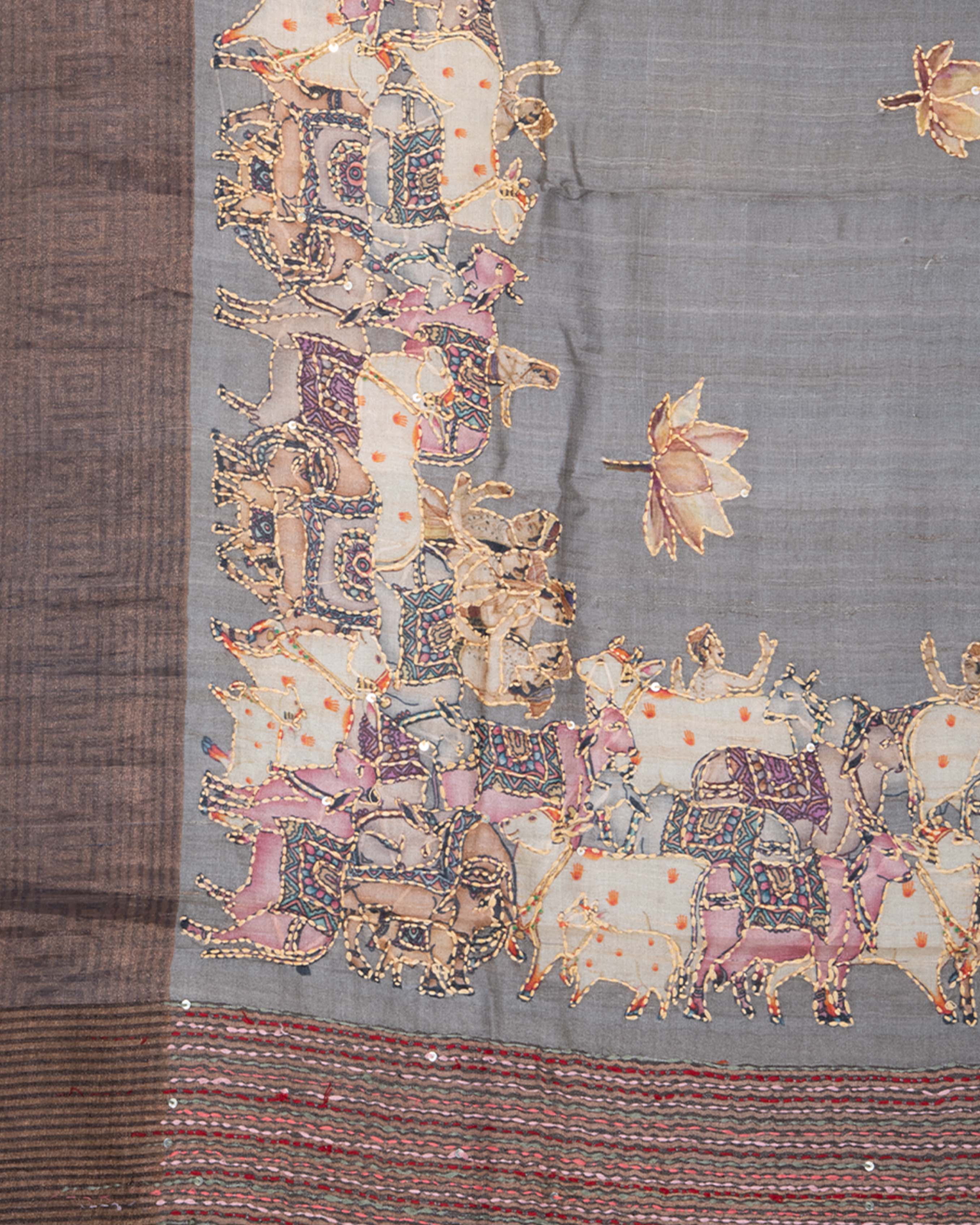 TussarEmbroideryandPichiwaiGreySaree3