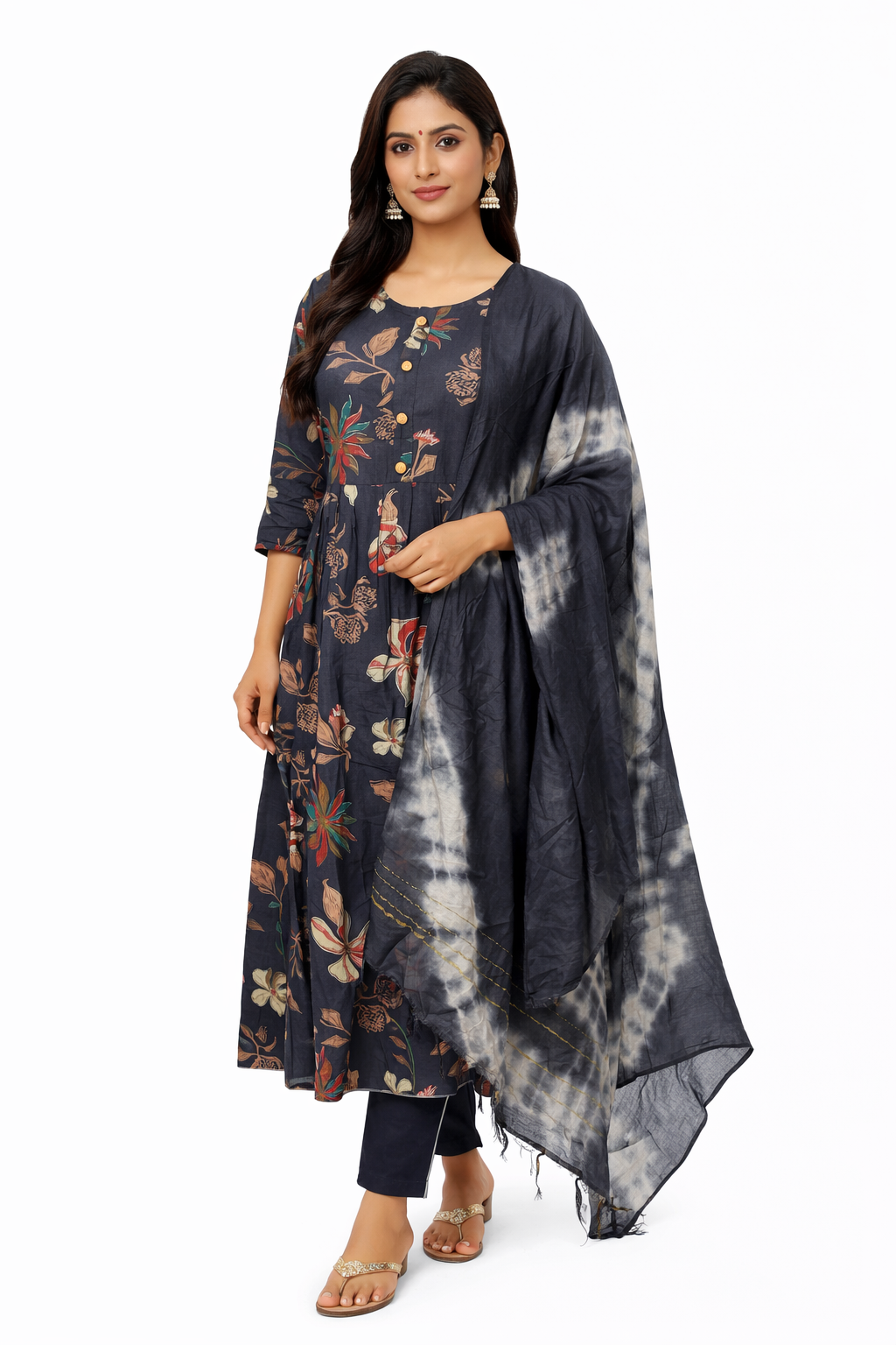 Navy Blue Floral 3 Piece Kurti Set