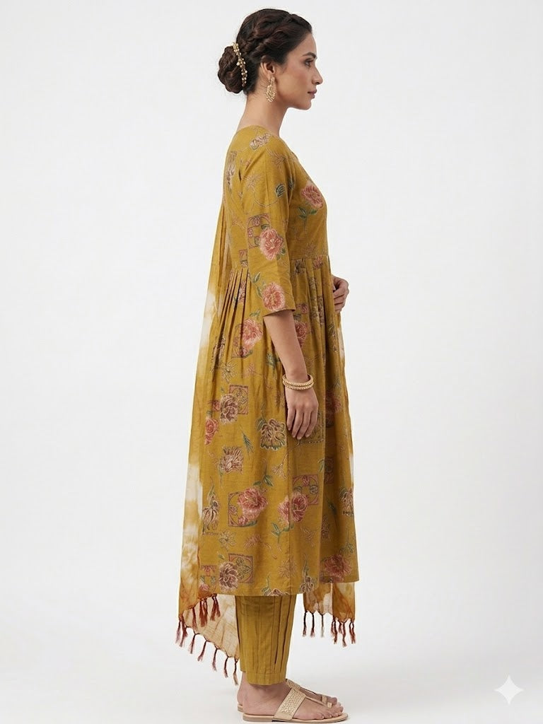 Mustard Yellow   Floral 3 Piece Kurti Set