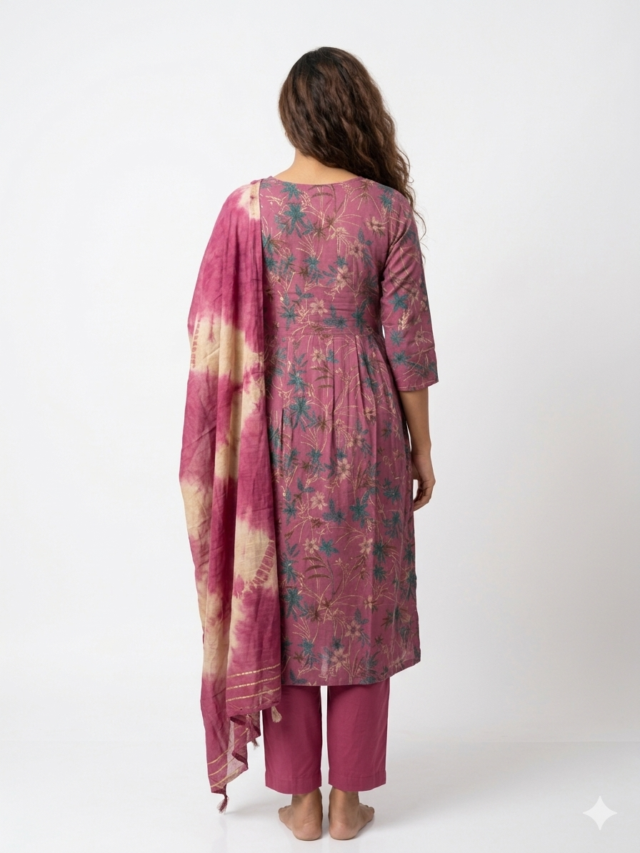 Deep magenta Floral 3 Piece Kurti Set