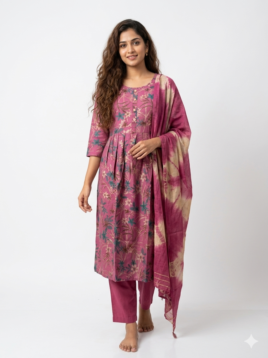Deep magenta Floral 3 Piece Kurti Set