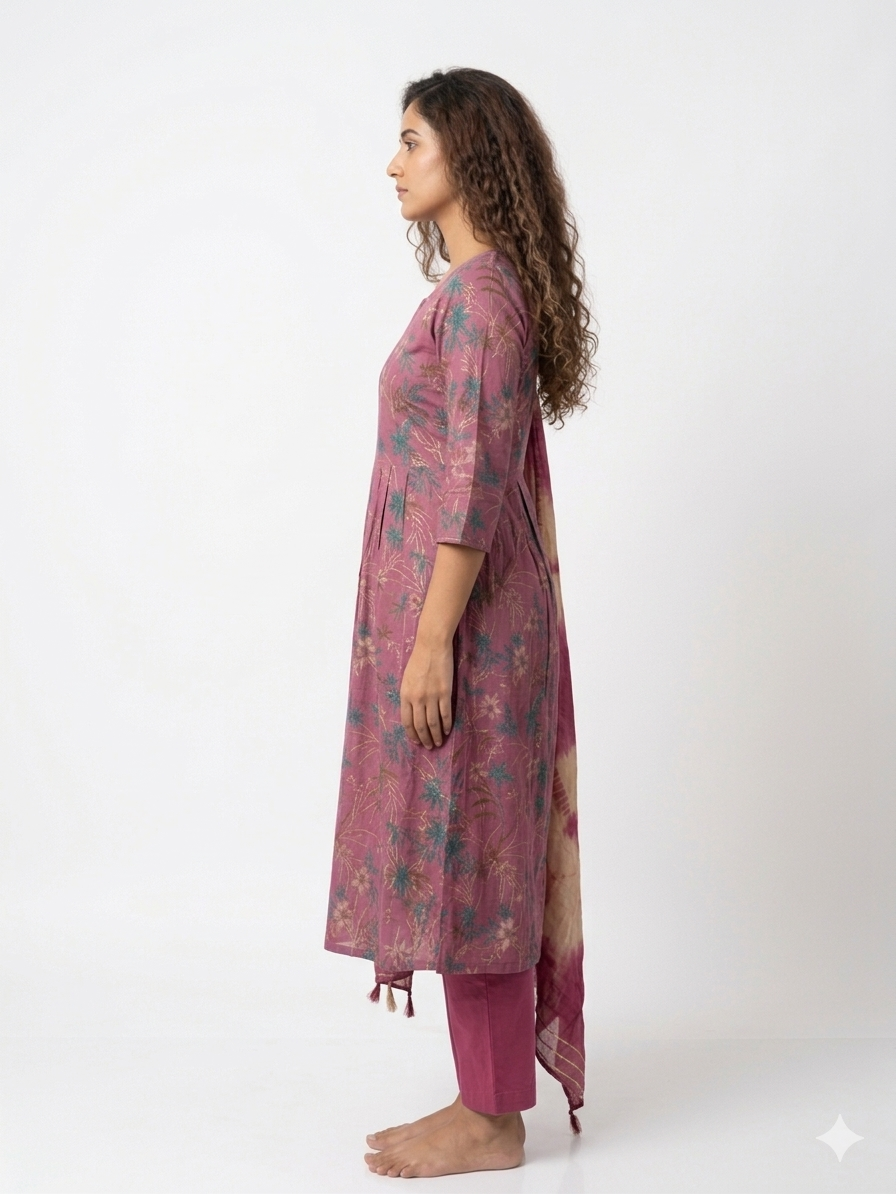 Deep magenta Floral 3 Piece Kurti Set