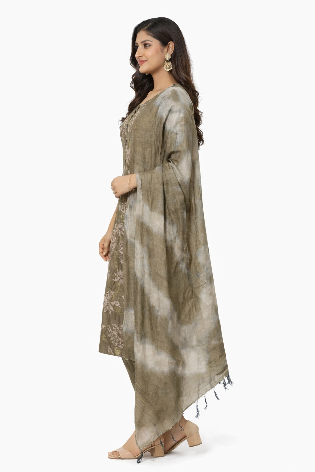 Muted olive green Floral 3 Piece Kurti Set